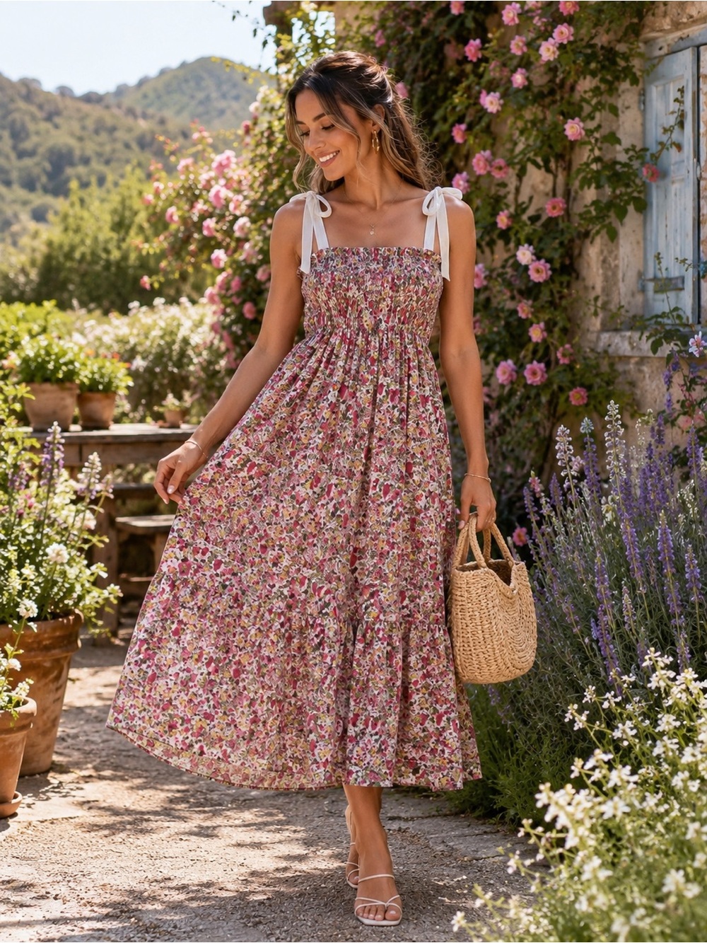 Buru Smocked Floral Midi Dress with Tie Straps - Pink